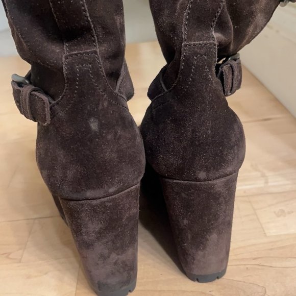 Prada Brown Suede Platform Wedge Buckle Ankle/Calf Boots - Sz39 (8.5) - Picture 11 of 12